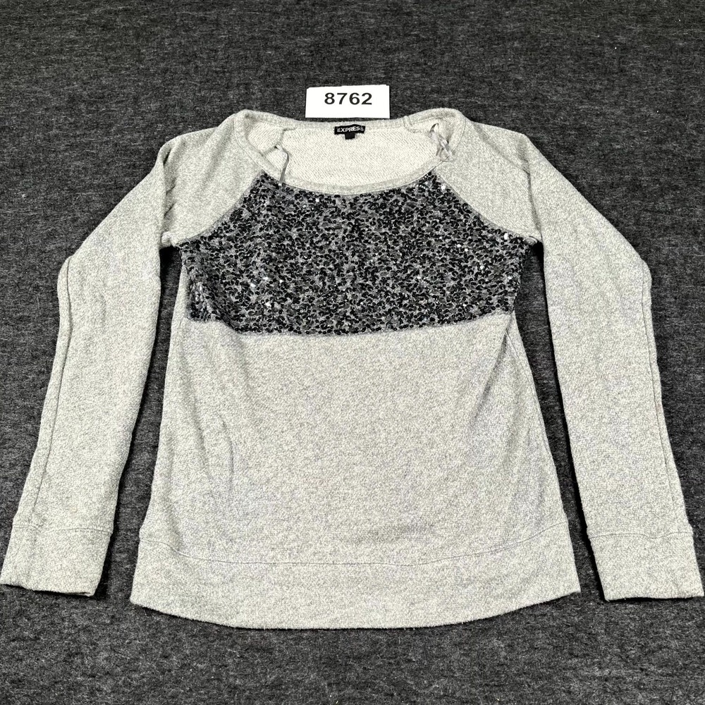 Express Sweatshirt Womens XS‎ Gray Cotton Crew Neck Sequin Embellished Casual